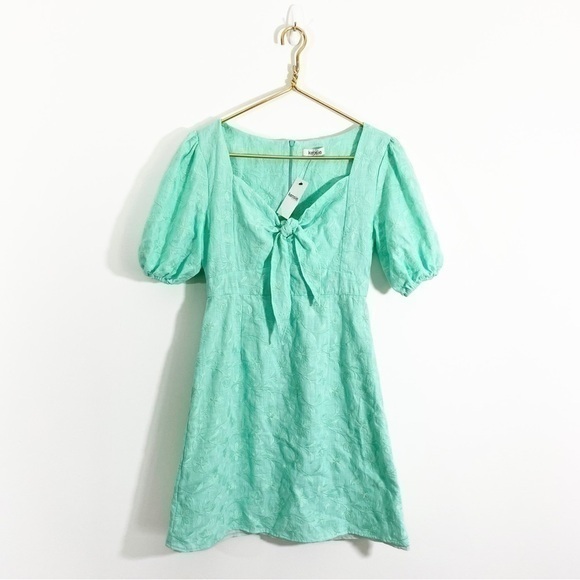 Kensie Girl NWT Medium Mint Green Floral Embroidered Puff Sleeve A Line Dress - Picture 1 of 9